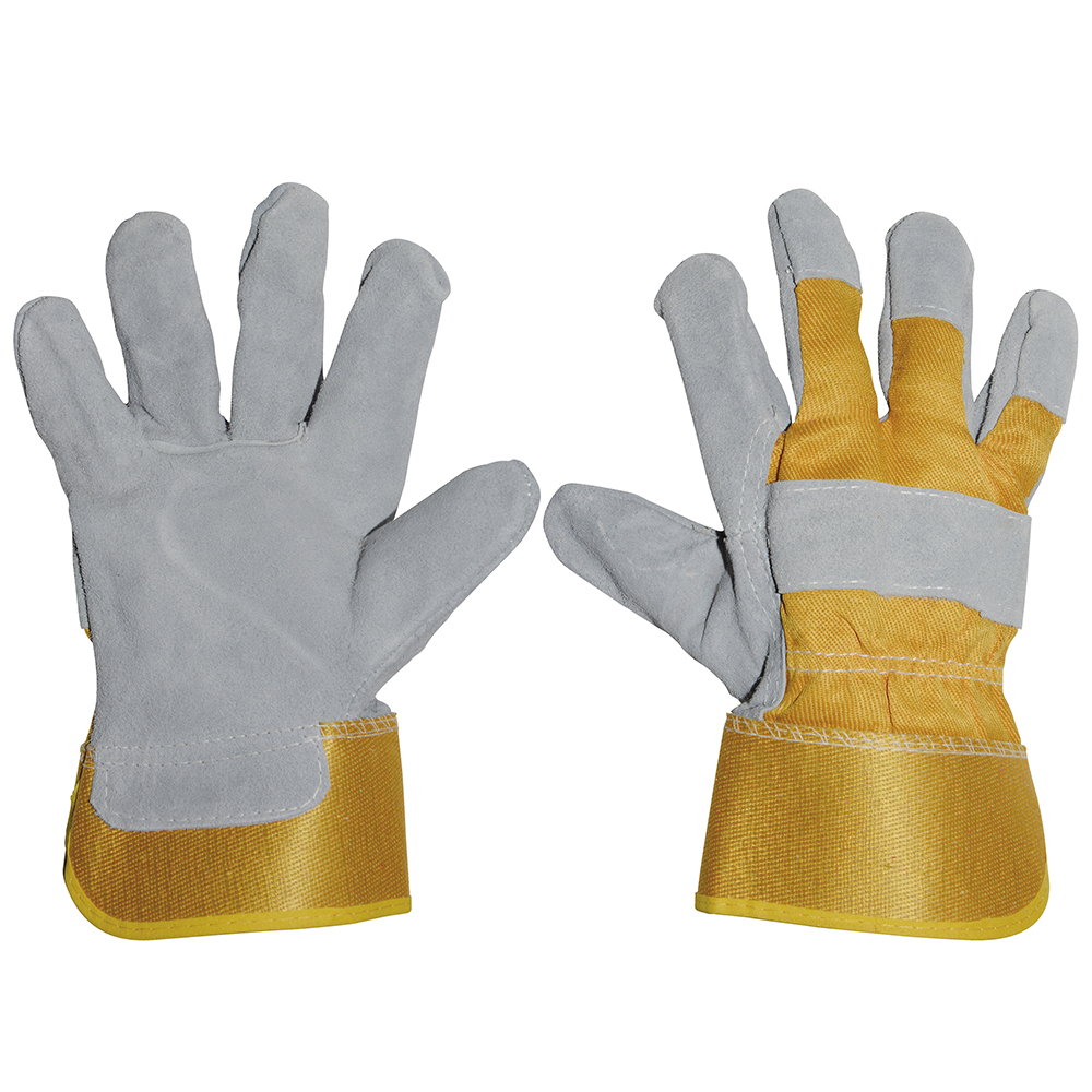 Guantes unitalla de carnaza y loneta diseño gris y amarillo - Ferrecompras 