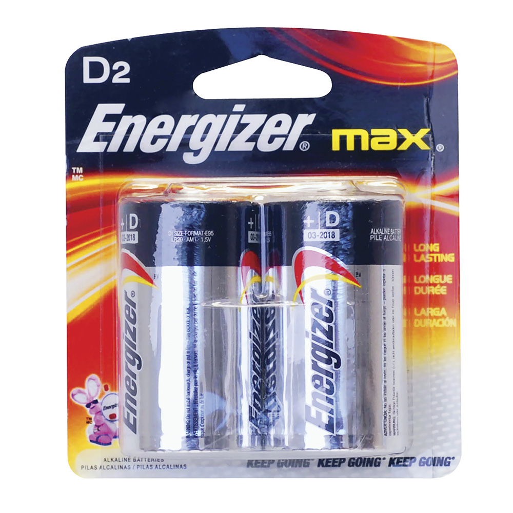 Pila alcalina marca Energizer® D con 2 piezas