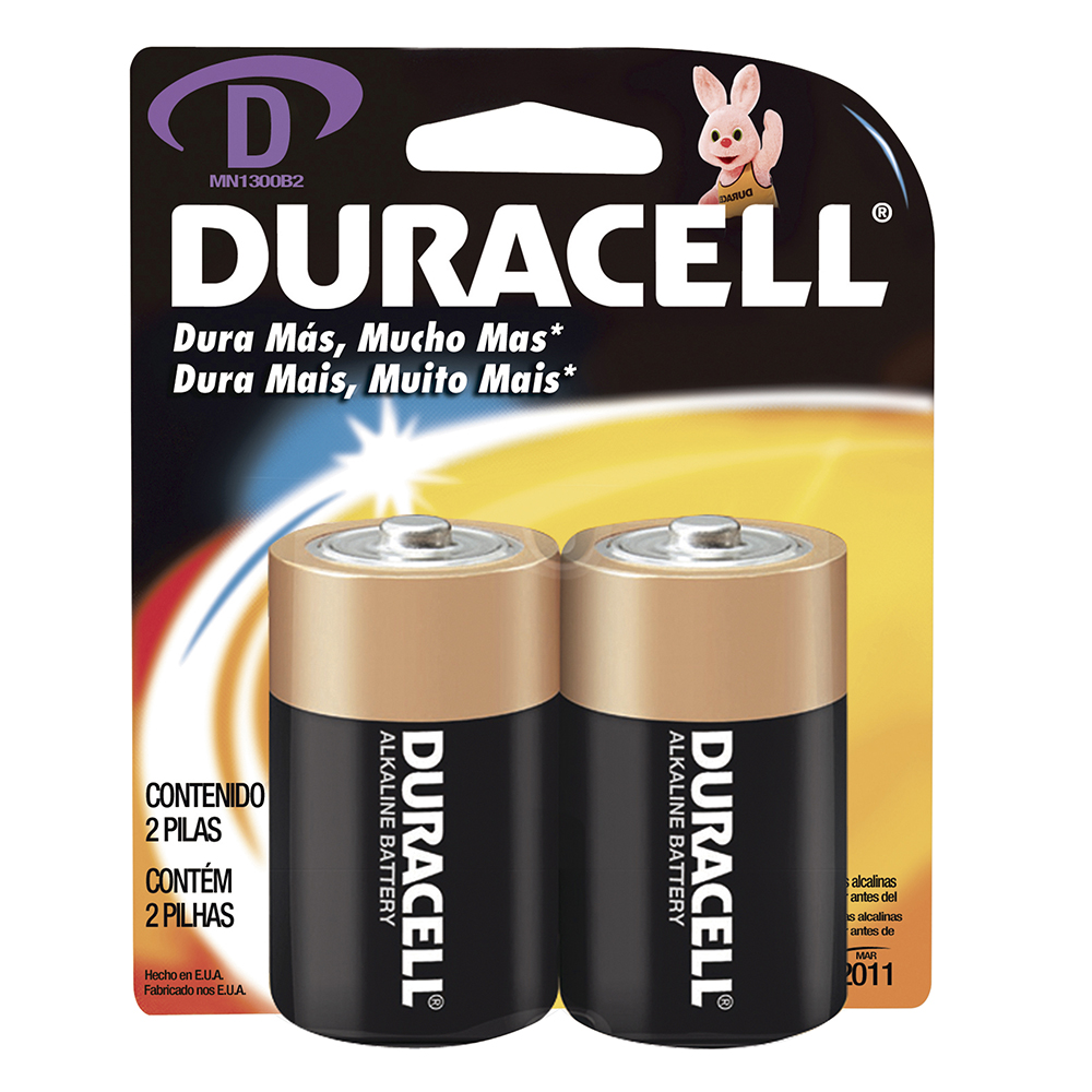 Pila alcalina marca Duracell® D con 2 piezas