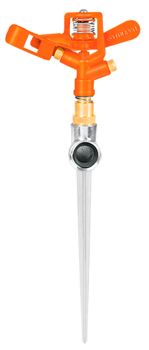 Aspersor metálico doble chorro, una vía, estaca de 11'