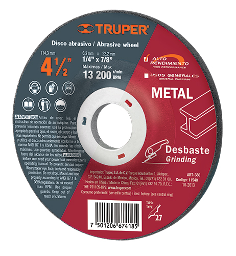 Disco desbaste metal,tipo27,diámetro 4-1/2',alto rendimiento