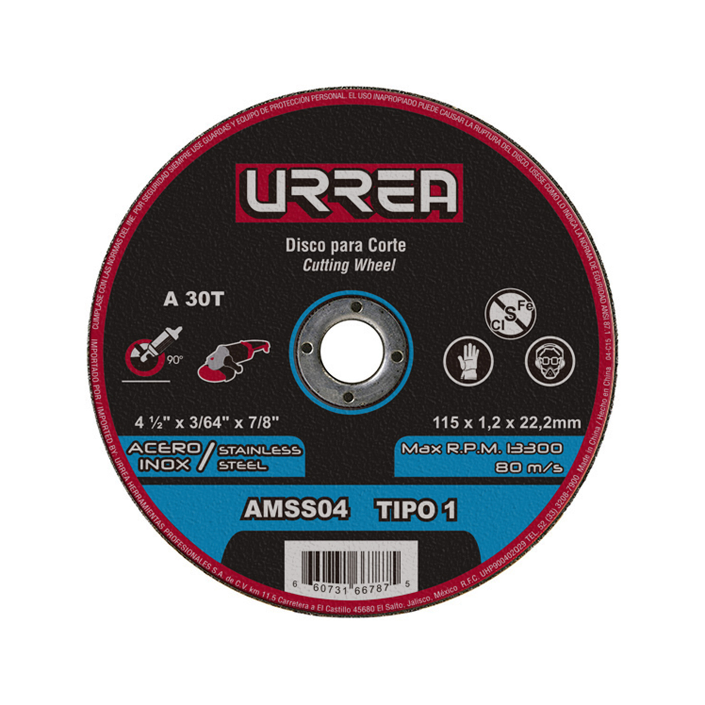 Disco abrasivo tipo 1 para acero inoxidable 4-1/2" x 3/64" uso general